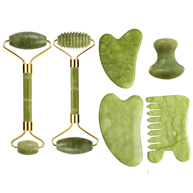 Kit Gua Sha + Rouleau Jade Naturel — Massage Visage | Drainant & Anti-Rides