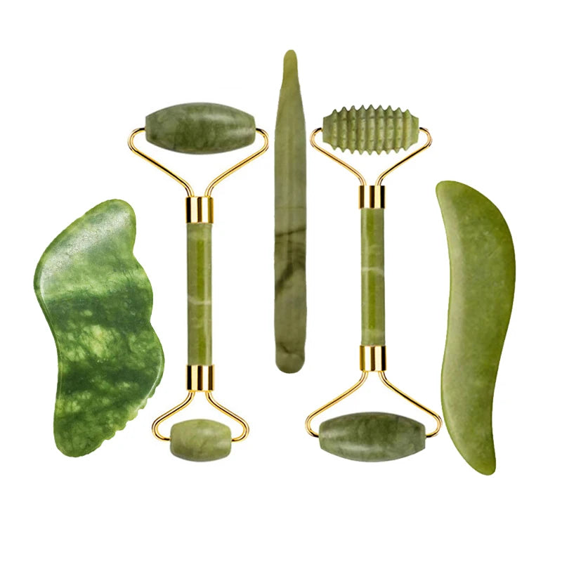 Kit Gua Sha + Rouleau Jade Naturel — Massage Visage | Drainant & Anti-Rides