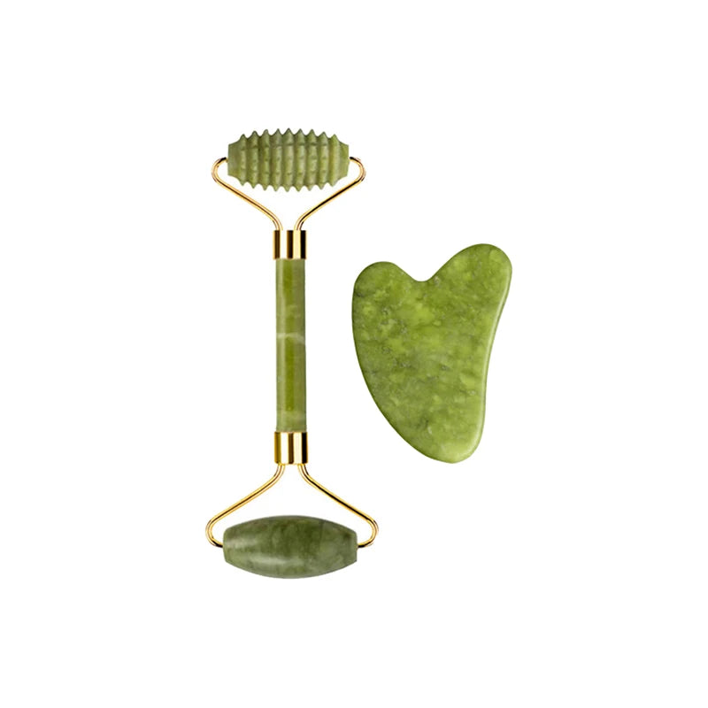 Kit Gua Sha + Rouleau Jade Naturel — Massage Visage | Drainant & Anti-Rides