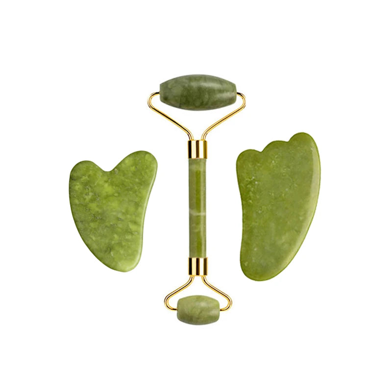 Kit Gua Sha + Rouleau Jade Naturel — Massage Visage | Drainant & Anti-Rides