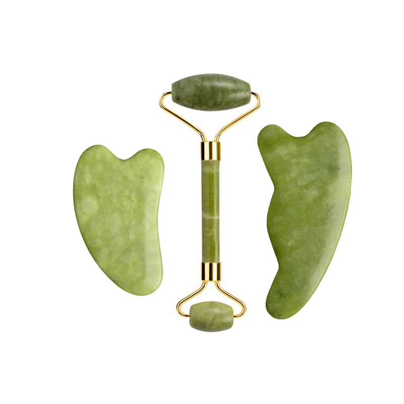 Kit Gua Sha + Rouleau Jade Naturel — Massage Visage | Drainant & Anti-Rides