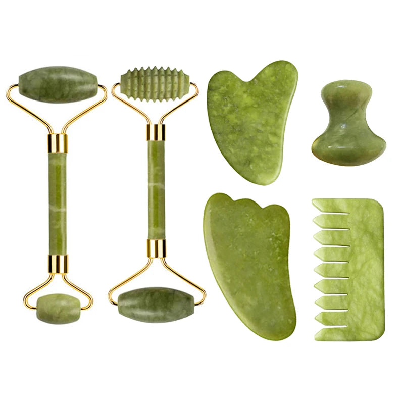 Kit Gua Sha + Rouleau Jade Naturel — Massage Visage | Drainant & Anti-Rides