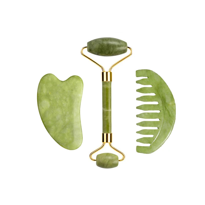 Kit Gua Sha + Rouleau Jade Naturel — Massage Visage | Drainant & Anti-Rides