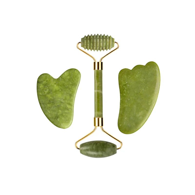 Kit Gua Sha + Rouleau Jade Naturel — Massage Visage | Drainant & Anti-Rides