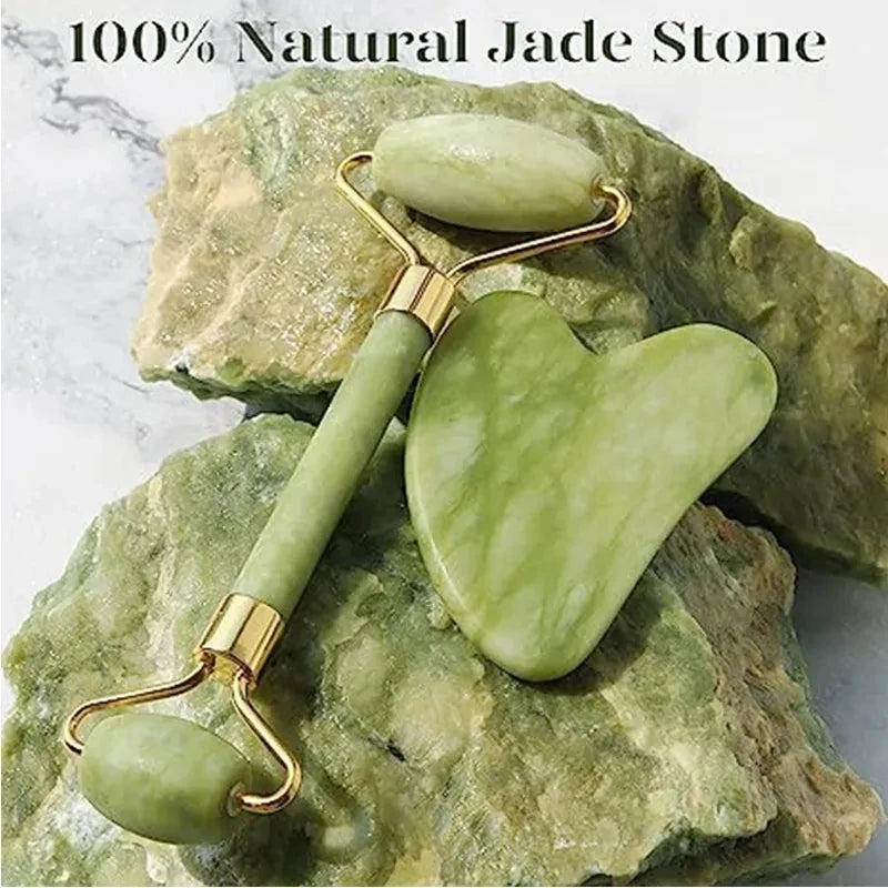 Kit Gua Sha + Rouleau Jade Naturel — Massage Visage | Drainant & Anti-Rides