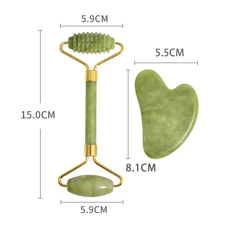 Kit Gua Sha + Rouleau Jade Naturel — Massage Visage | Drainant & Anti-Rides