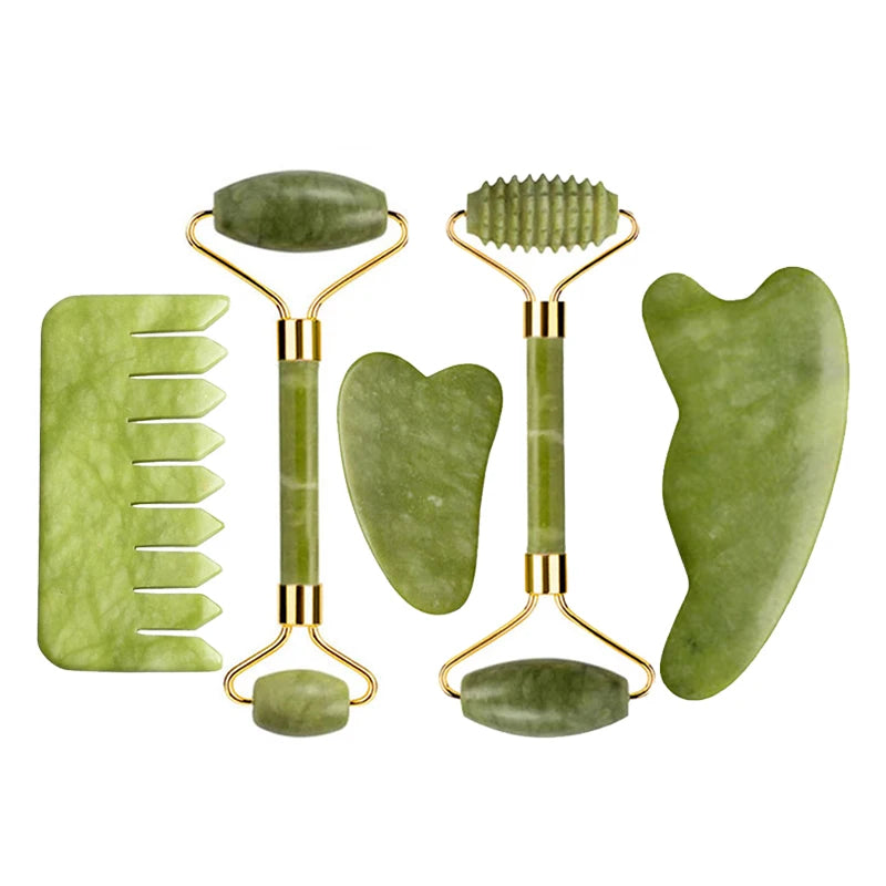 Kit Gua Sha + Rouleau Jade Naturel — Massage Visage | Drainant & Anti-Rides