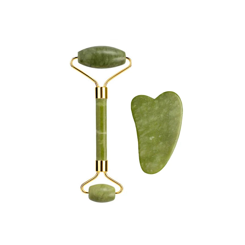 Kit Gua Sha + Rouleau Jade Naturel — Massage Visage | Drainant & Anti-Rides