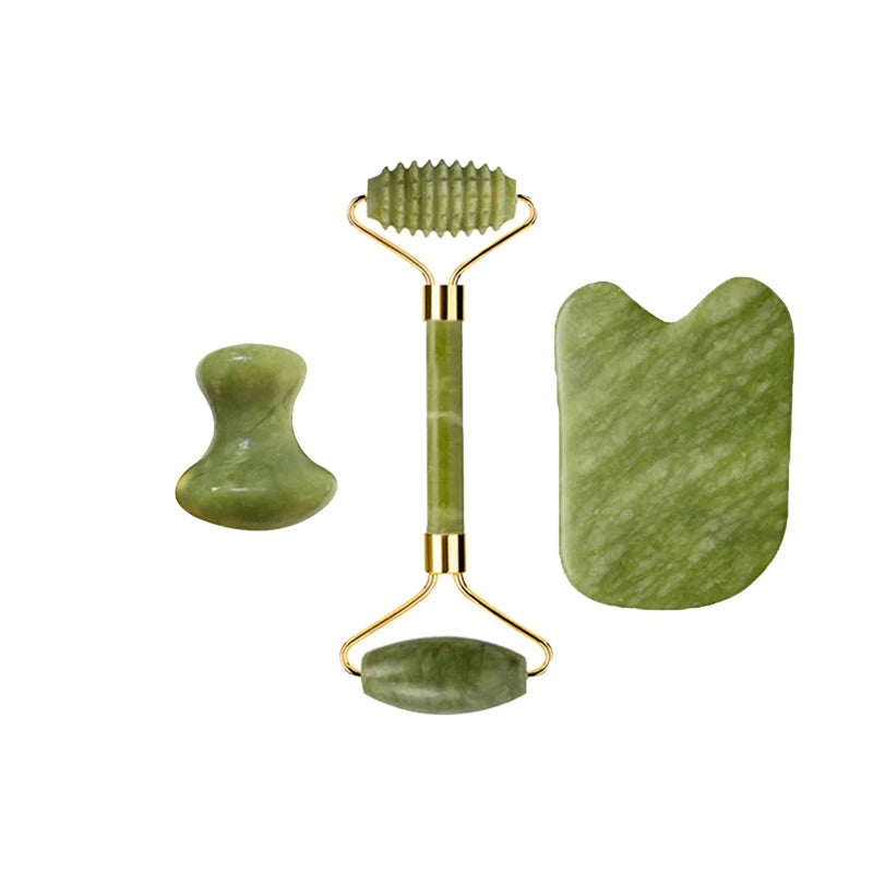 Kit Gua Sha + Rouleau Jade Naturel — Massage Visage | Drainant & Anti-Rides